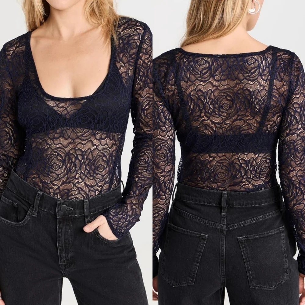 Free People Intimately Floral Lace Square Neck‎ Chic Black Sheer Bodysuit S